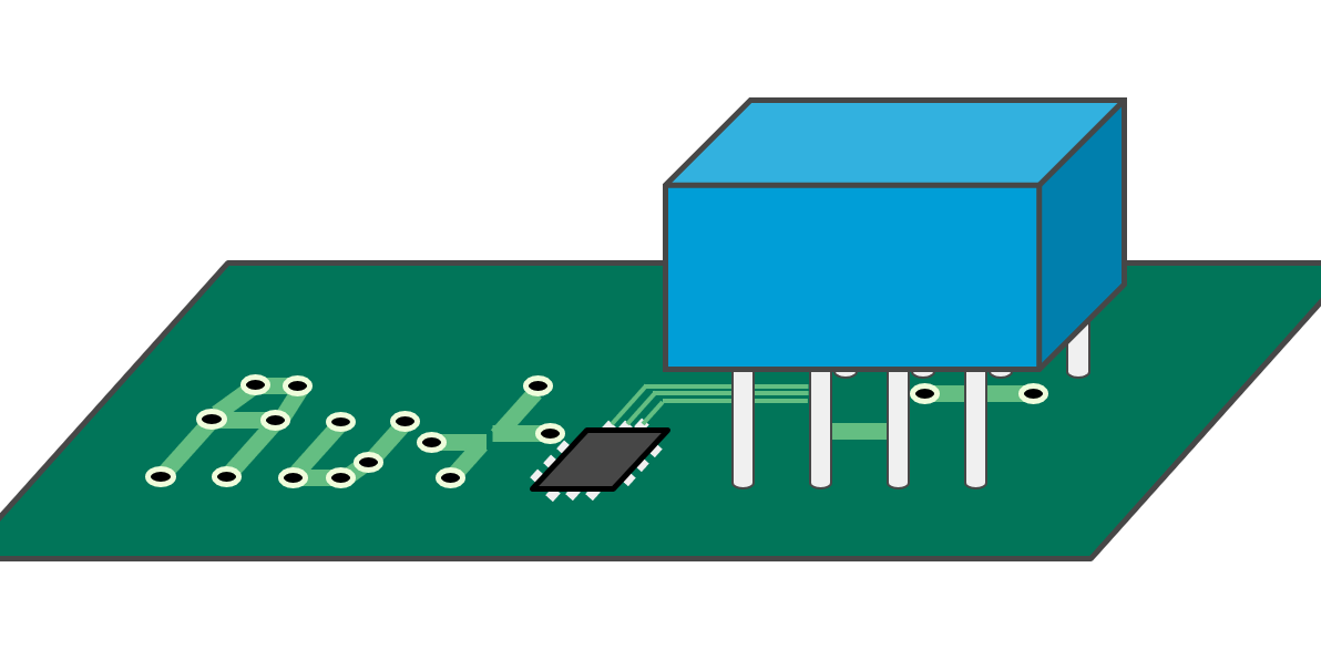 Zeichnung einer Leiterplatte mit wenigen elektronischen Bauteilen. Auf der linken Seite sind mehrere kleine, flache SMD-Komponenten sowie ein integrierter Schaltkreis dargestellt. Rechts befindet sich ein großes, quaderförmiges Bauteil mit mehreren Anschlussbeinen, das deutlich aus der Platine herausragt. Auf der Platine ist der Schriftzug „AutoTHT“ zu erkennen. Die Darstellung ist schematisch und vereinfacht gehalten.
