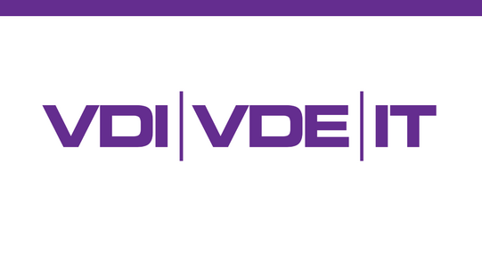 Diagramm mit dem Logo von VDI/VDE-IT. Das Logo besteht aus den lila Buchstaben „VDI“, „VDE“ und „IT“, die durch vertikale Linien getrennt sind. Der Hintergrund ist weiß, und oben befindet sich ein horizontaler lila Streifen.