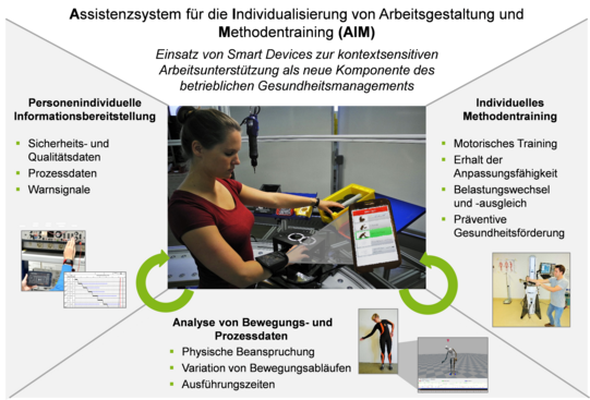 Diagramm, das verschiedene Aspekte der arbeitsplatzbezogenen Gesundheits- und Effizienzförderung darstellt. In der Mitte ist ein Foto einer Frau zu sehen, die an einer industriellen Arbeitsstation arbeitet und dabei technische Geräte und Bildschirme benutzt. Das Bild ist von vier Bereichen umgeben:  Links oben: "Personenindividuelle Informationsbereitstellung" mit den Unterpunkten Sicherheits- und Qualitätsdaten, Prozessdaten und Warnsignale. Ein Foto eines Bildschirms mit technischen Daten ist darunter abgebildet.  Links unten: "Analyse von Bewegungs- und Prozessdaten" mit den Unterpunkten physische Beanspruchung, Variation von Bewegungsabläufen und Ausführungszeiten. Bilder von Bewegungsanalysen und Diagrammen sind darunter abgebildet.  Rechts oben: "Individuelles Methodentraining" mit den Unterpunkten motorisches Training, Erhalt der Anpassungsfähigkeit, Belastungswechsel und -ausgleich sowie präventive Gesundheitsförderung. Ein Foto eines Trainers, der mit einer Person Übungen durchführt, ist darunter abgebildet.  Rechts unten: Ein weiteres Foto, das Bewegungsanalysen zeigt.  Das Diagramm zeigt den Zusammenhang zwischen individuellen Daten und Trainingsmethoden zur Optimierung der Arbeitsabläufe und Gesundheit am Arbeitsplatz.