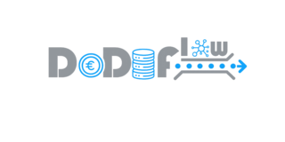 Logo mit der Wortmarke „DeDiFlow“ : Die Buchstaben sind grau, das „e“ enthält ein blaues Euro-Symbol, das „i“ ist als blauer Datenbank-Stapel dargestellt. Rechts folgt ein gerichteter Fluss mit Netzwerk-Symbol, Förderband, blauen Punkten und einem Pfeil nach rechts, der einen Materialfluss symbolisiert.