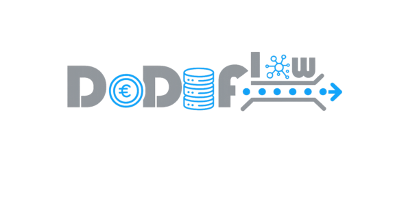 Logo mit der Wortmarke „DeDiFlow“ : Die Buchstaben sind grau, das „e“ enthält ein blaues Euro-Symbol, das „i“ ist als blauer Datenbank-Stapel dargestellt. Rechts folgt ein gerichteter Fluss mit Netzwerk-Symbol, Förderband, blauen Punkten und einem Pfeil nach rechts, der einen Materialfluss symbolisiert.
