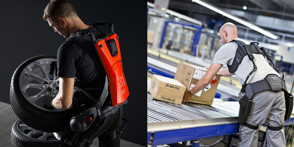 Foto, das zwei Männer zeigt, die Exoskelette tragen und schwere Gegenstände heben. Der Mann links hebt einen großen Autoreifen, während er ein Exoskelett mit einem roten Rückenmodul trägt. Der Mann rechts bewegt Kartons auf einem Förderband in einer industriellen Umgebung und trägt ein Exoskelett mit schwarzem Rückenmodul. Beide Exoskelette unterstützen die Träger bei körperlich belastenden Arbeiten, um deren Rücken und Gelenke zu entlasten.