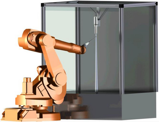 Eine grafische Darstellung eines industriellen Roboters mit einem Gelenkarm, der eine Präzisionsaufgabe ausführt. Der Roboterarm ist in einem goldenen Farbton gehalten und arbeitet innerhalb eines geschlossenen, transparenten Gehäuses. Der Roboter scheint an einer Art Fertigungs- oder Montageprozess beteiligt zu sein.