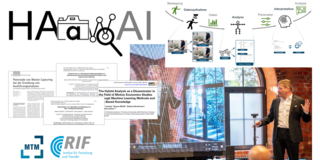 Eine Collage aus verschiedenen Elementen zur Forschung imProjekt HAawAI. Das Bild enthält ein Logo mit einer Kamera und einer Lupe, wissenschaftliche Publikationen, eine schematische Darstellung eines Analyseprozesses von Bewegungserfassung bis zur Interpretation sowie ein Foto eines Vortragenden in einem modernen, industriellen Konferenzraum. Logos der MTM und des RIF-Instituts für Forschung und Transfer sind ebenfalls zu sehen.