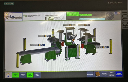 Foto eines Touchscreen-Bedienfelds von Siemens, das eine grafische Benutzeroberfläche zur Steuerung einer Produktionsanlage zeigt. Auf dem Bildschirm ist eine schematische Darstellung einer Produktionslinie mit mehreren grünen Maschinen und Förderbändern zu sehen. Die Maschinen sind beschriftet und durch gelbe Sicherheitszäune voneinander getrennt. Oben auf dem Bildschirm sind Logos von rbc robotics, der Technischen Universität Dortmund, der Fakultät Maschinenbau und dem Institut für Produktionssysteme (IPS) zu sehen. Am unteren Rand des Bildschirms befinden sich verschiedene Schaltflächen, die Funktionen wie "Anlage Aus", "Anlage Ein", "Automatik" und "Programme" steuern. Der Bildschirm vermittelt den Eindruck einer modernen, computergesteuerten Produktionsumgebung.