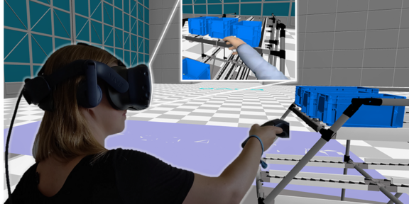 Person trägt VR-Brille, im Hintergrund wird der VR-Montagefertigungsraum angezeigt