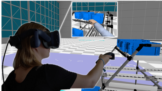 Virtual Reality im Industrial Engineering Person trägt VR-Brille, im Hintergrund wird der VR-Montagefertigungsraum angezeigt