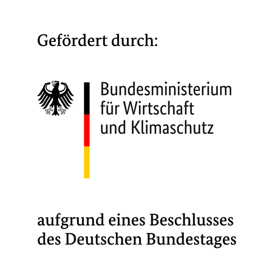 Logo des Bundesministeriums für Wirtschaft und Klimaschutz. Oben steht der Text 'Gefördert durch:'. Darunter ist das Logo des Bundesministeriums für Wirtschaft und Klimaschutz, das aus einem Bundesadler und einem vertikalen Streifen in den Farben Schwarz, Rot und Gold besteht. Rechts neben dem Logo steht der Name des Ministeriums. Unter dem Logo steht der Text 'aufgrund eines Beschlusses des Deutschen Bundestages'.