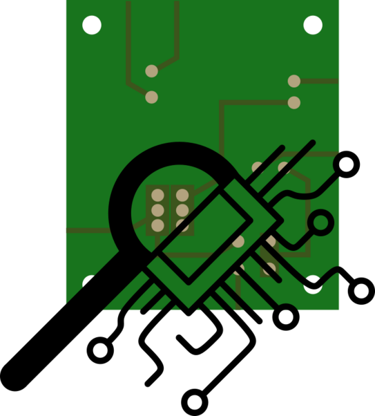 Logo zeigt eine grüne Platine mit elektronischen Leiterbahnen. Darüber ist eine Lupe mit Schaltkreissymbolen, die auf die Platine gerichtet ist, was auf die Prüfung oder Analyse von elektronischen Komponenten hinweist.