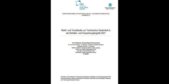 Zertifikat mit dem Titel "Markt- und Trendstudie zur Technischen Sauberkeit in der Behälter- und Verpackungslogistik 2021". Oben befinden sich die Logos des Kompetenzzentrums für industrielle Bauteil- und Oberflächenreinigung (CEC) und der Högemann Gruppe. Darunter steht der Titel des Zertifikats. Im unteren Bereich sind die Namen der Autoren, deren Institutionen und das Datum der Veröffentlichung aufgeführt. Der Hintergrund ist weiß und schlicht gestaltet.