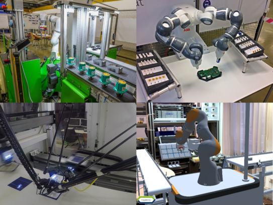 Eine Collage aus vier Bildern, die verschiedene industrielle Roboterarme bei der Arbeit zeigen. Oben links: Ein Roboterarm, der in einer Produktionslinie Werkstücke bearbeitet. Oben rechts: Ein Roboterarm mit zwei Greifern, der an einer Platine arbeitet, mit dem Logo von ABB sichtbar. Unten links: Ein schneller Delta-Roboter, der kleine Objekte auf einem Fließband bewegt. Unten rechts: Ein Roboterarm, der an einem Tisch in einer modernen Laborumgebung arbeitet.