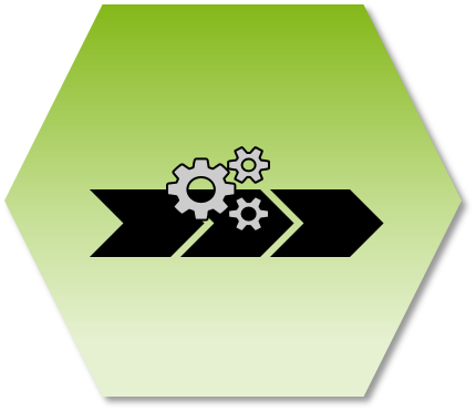 Zeichnung eines sechseckigen Symbols mit grünem Farbverlauf als Hintergrund. In der Mitte des Symbols sind drei ineinandergreifende Zahnräder abgebildet, die sich auf einem schwarzen Pfeil befinden, der nach rechts zeigt. Das Symbol repräsentiert vermutlich einen Prozess oder eine mechanische Bewegung.