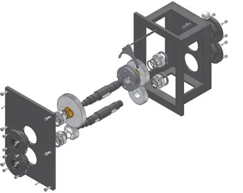 Zeichnung einer mechanischen Baugruppe mit mehreren Zahnrädern und Wellen. Auf der linken Seite befindet sich eine schwarze Platte mit Öffnungen, die Zahnräder und andere mechanische Komponenten hält. Von der Platte verlaufen zwei parallele Wellen nach rechts, auf denen verschiedene Zahnräder und Lager montiert sind. Diese Wellen führen zu einem rechteckigen Rahmen, der ebenfalls mechanische Bauteile enthält. Die Baugruppe scheint Teil eines Getriebes oder einer ähnlichen mechanischen Vorrichtung zu sein. Alle Teile sind detailliert dargestellt und zeigen die präzise Anordnung und Verbindung der einzelnen Komponenten.