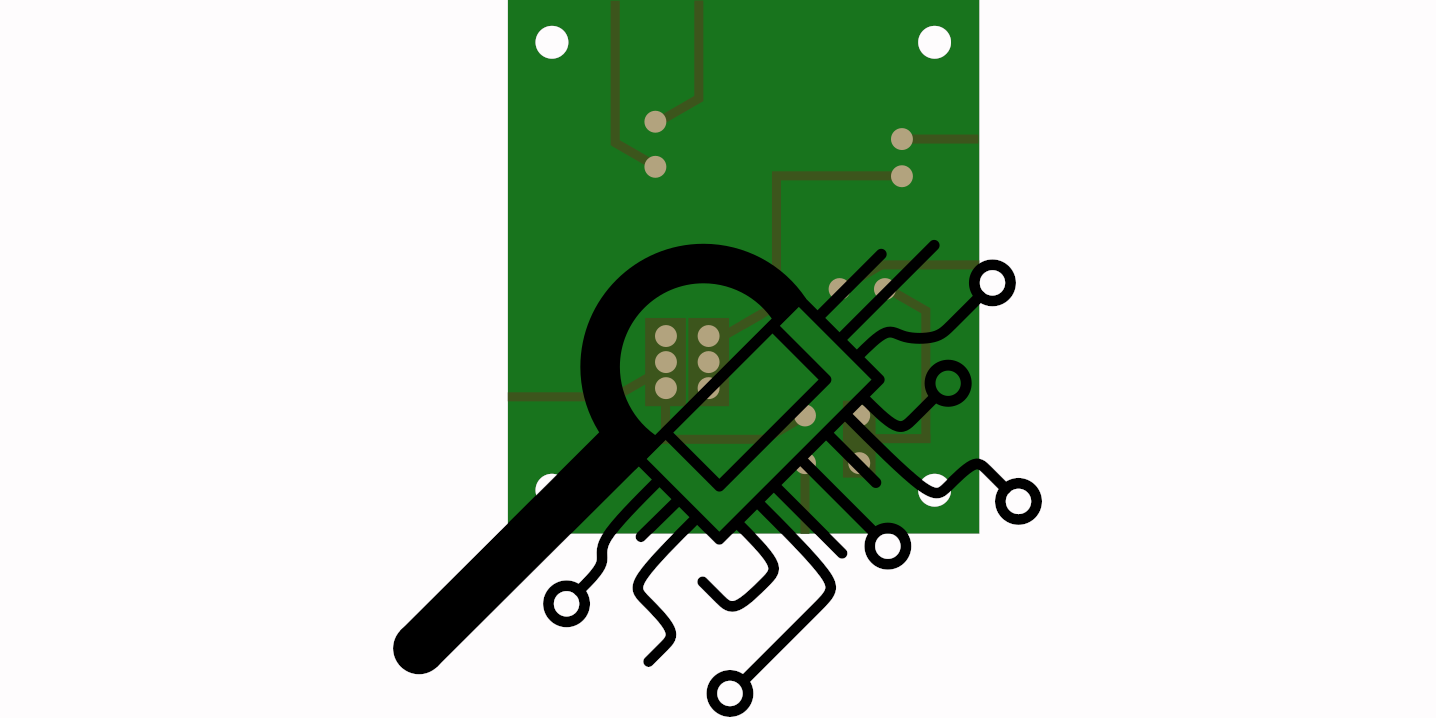 Logo shows a green circuit board with electronic tracks. Above it is a magnifying glass with circuit symbols pointing at the circuit board, indicating that electronic components are being tested or analysed.