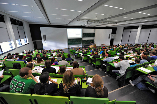 Seminar building Campus North Students sit in a lecture hall in the seminar building at the Campus North.