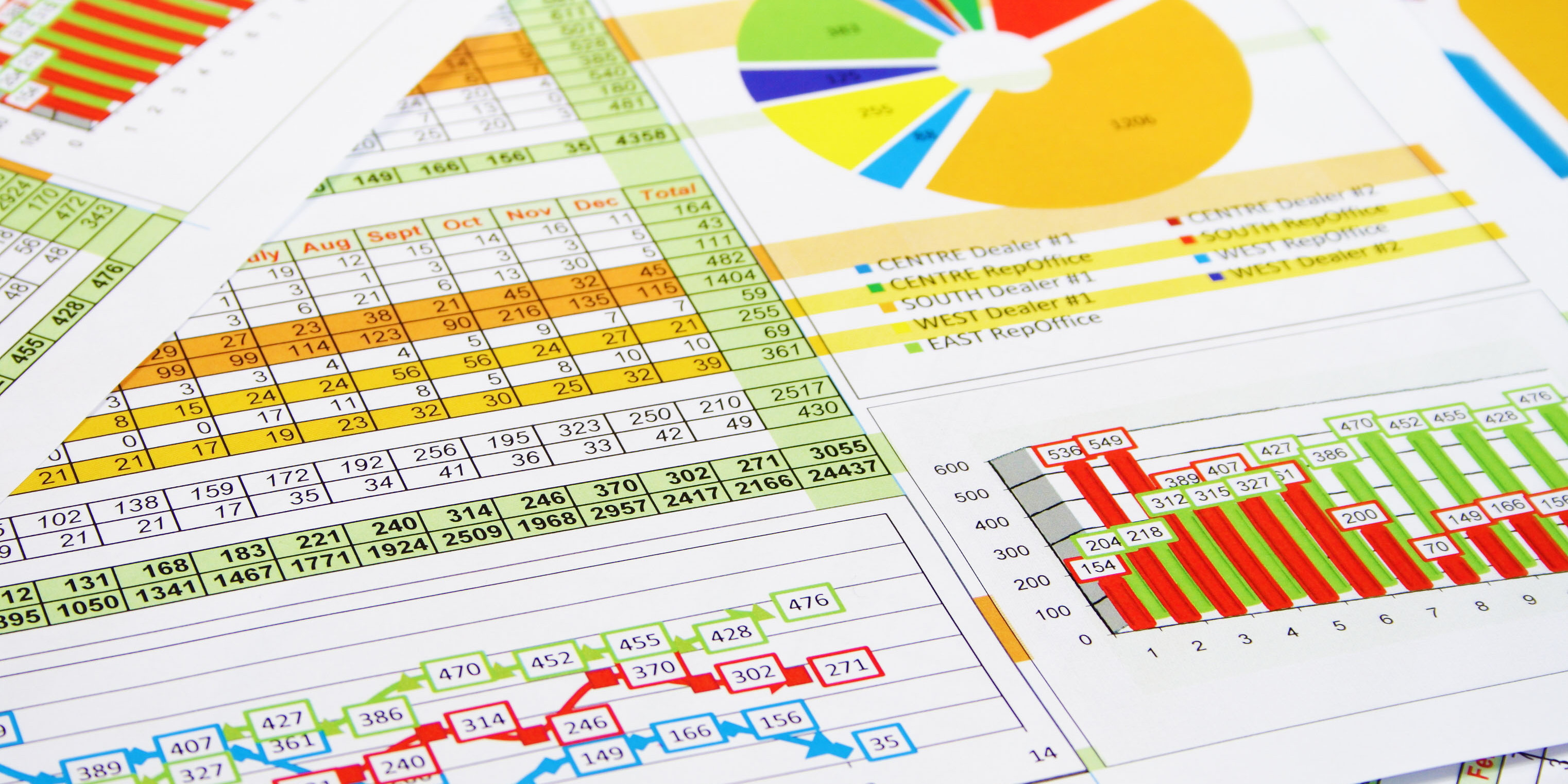 Paper pages with tables, pie charts, column charts as well as graph charts lie on top of each other.